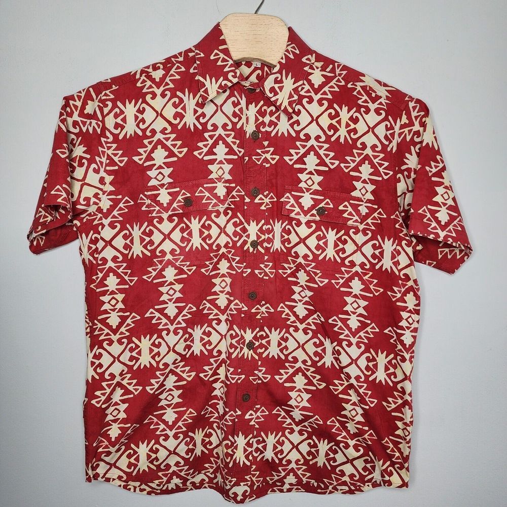 ORVIS Men's Red/Off White BATIK Print 100% Cotton Short Sleeve Button Up SHIRT L - Picture 2 of 8